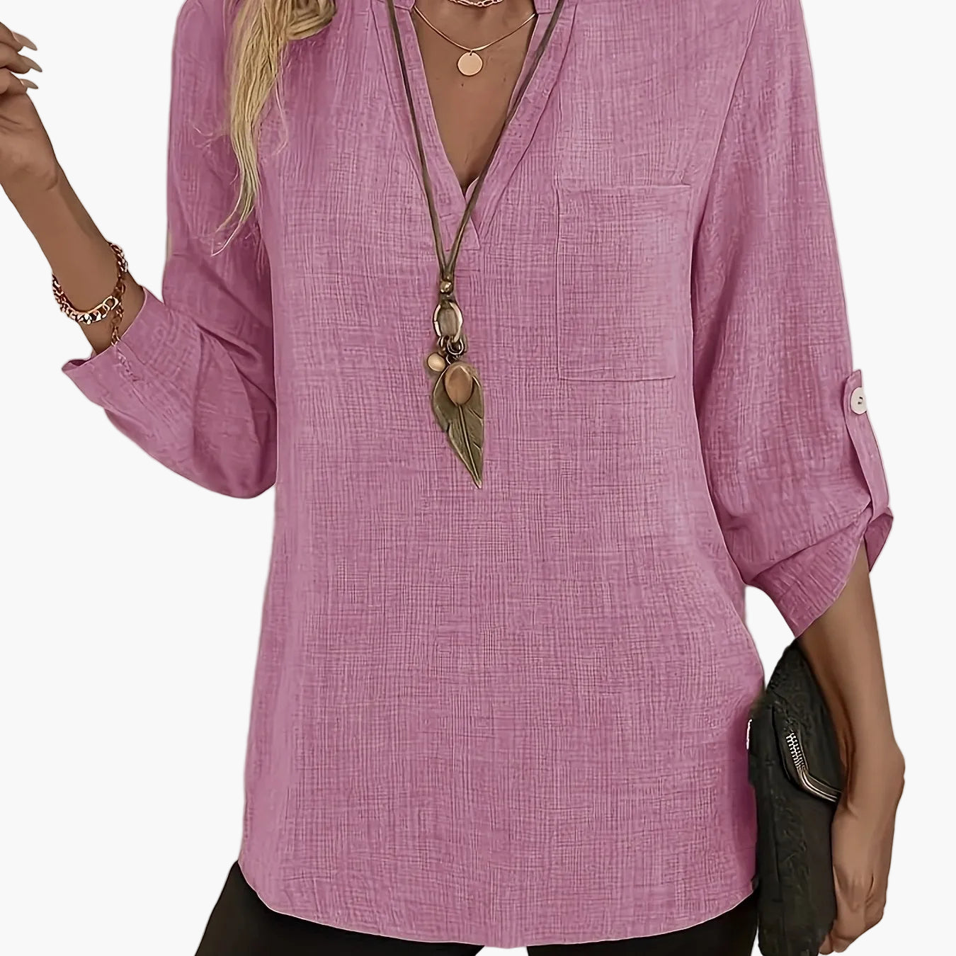 Damen Tunika Bluse mit V-Ausschnitt und Knopfdetails – Eleganter Freizeit-Look für Büro & Alltag