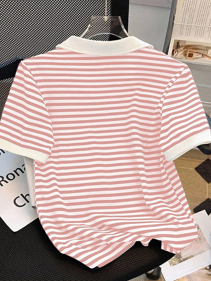 Women's polo shirt with stripes and V-neck – smart-casual style for leisure and office