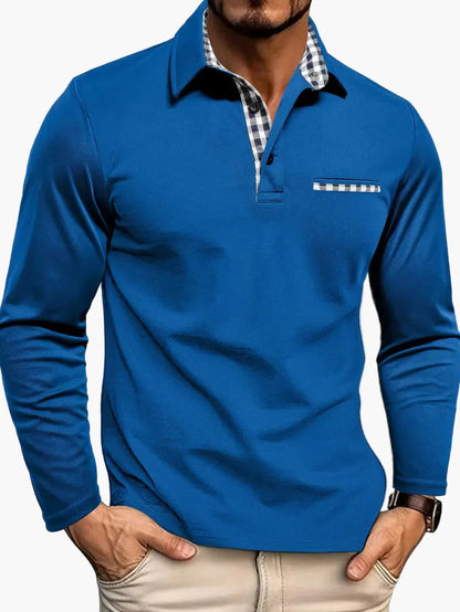 Men's long-sleeve polo shirt with check details – elegant casual look for any occasion