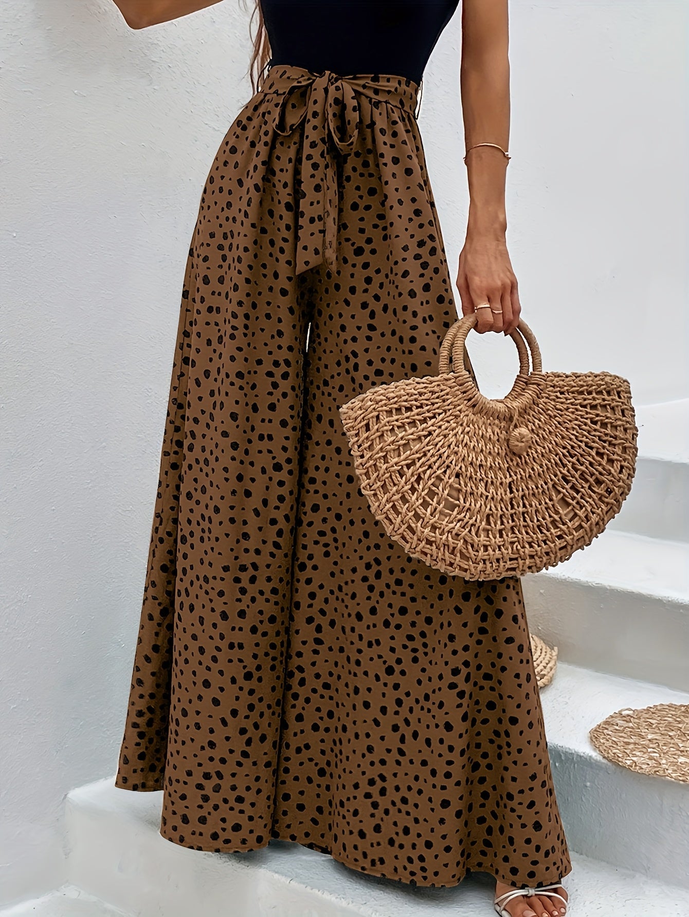 Women's Wide Palazzo Pants with Dots and Tie Belt – Elegant Spring and Summer Style