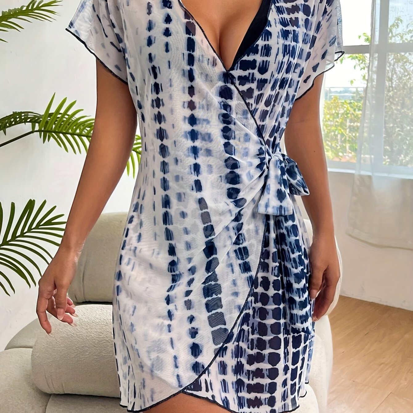 Women's Wrap Dress Beach Cover-Up in Modern Tie-Dye Style – Elegant Summer Dress for Vacation, Beach, and Pool