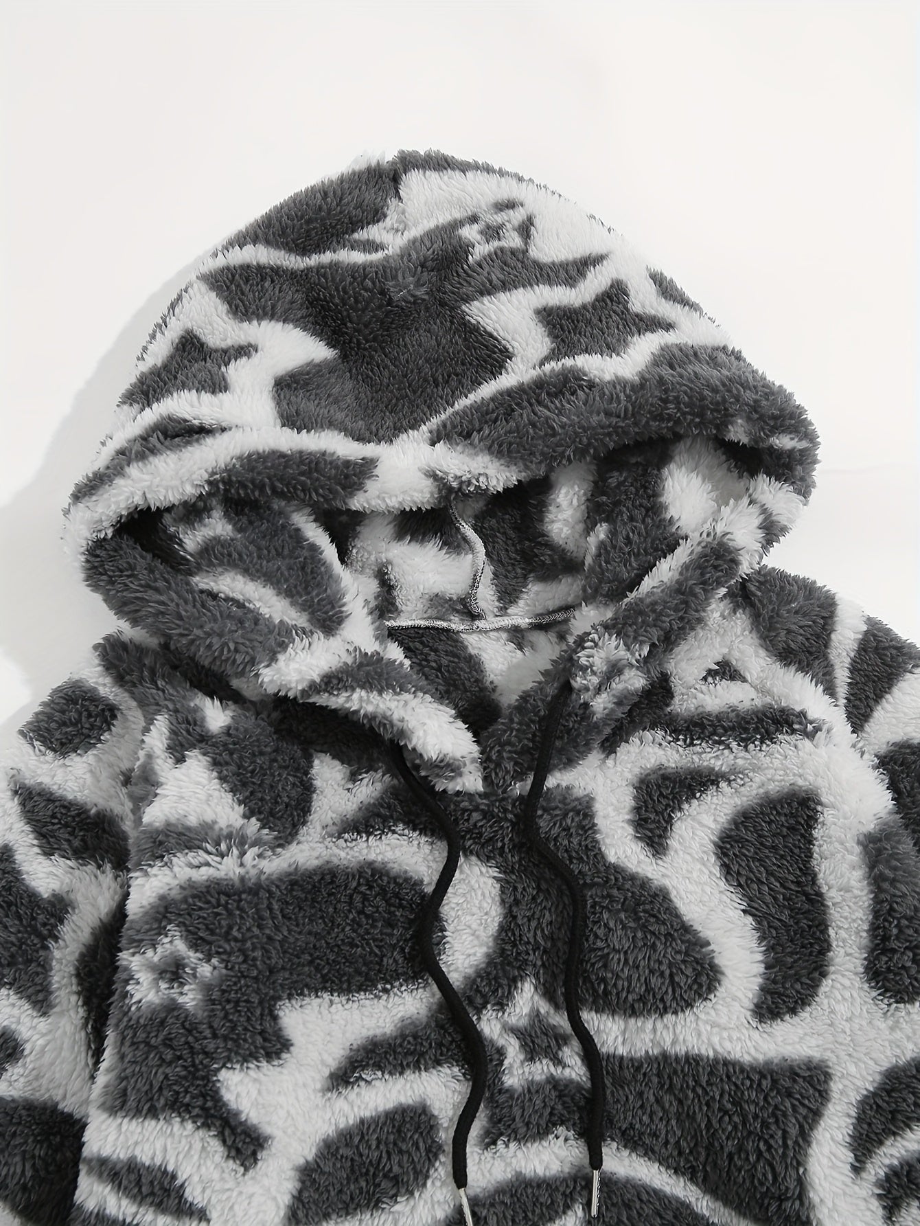 Unisex teddy hoodie with ethnic pattern in beige/brown/black