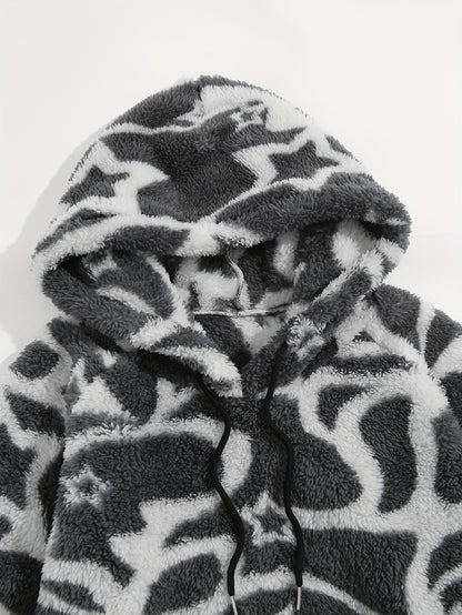 Unisex teddy hoodie with ethnic pattern in beige/brown/black