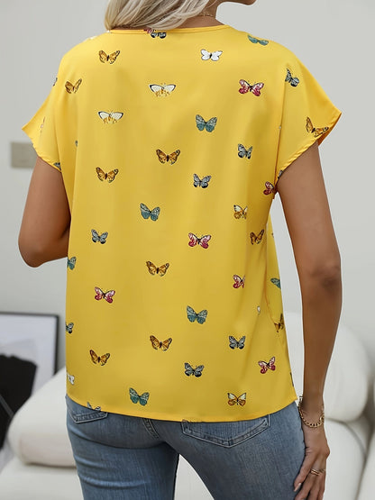 Damen Sommer T-Shirt mit Schmetterlingsmuster – Modisches Freizeit-Top, lässiger Stil