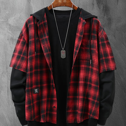 Men's checkered shirt jacket look, black and red grid pattern, hooded, long-sleeved