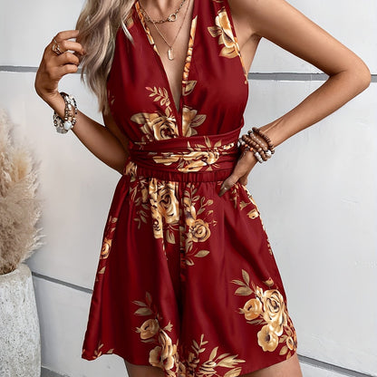 Women's jumpsuit with floral pattern and V-neck – Elegant and playful summer romper