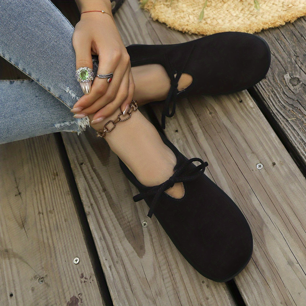 Women's slip-on shoes, bow design, warm-lined casual shoes