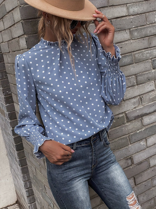 Women's blouse with polka-dot pattern, stand-up collar, and gathered sleeves