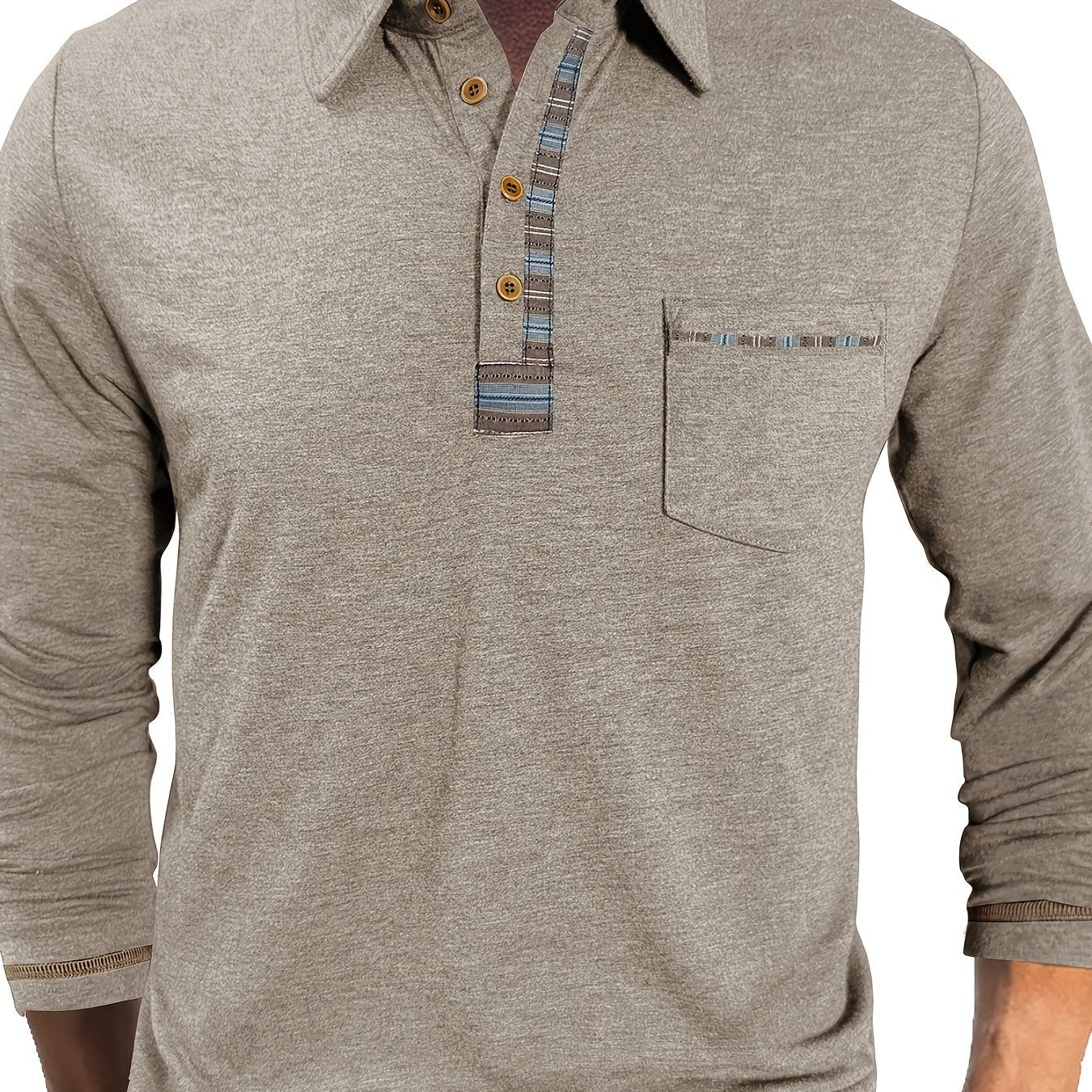 Men's long-sleeved polo shirt with chest pocket and patterned details