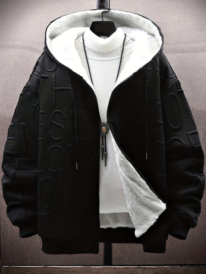 Unisex hooded jacket with fleece lining and raised lettering, zipper, kangaroo pockets, in black