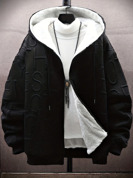 Unisex hooded jacket with fleece lining and raised lettering, zipper, kangaroo pockets, in black