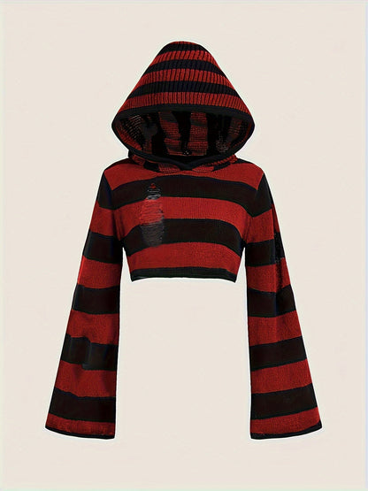 Gestreiftes Crop Top Hoodie mit Kapuze und weiten Ärmeln