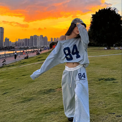Two-piece women's tracksuit lounge set – cropped sweatshirt & wide-leg pants