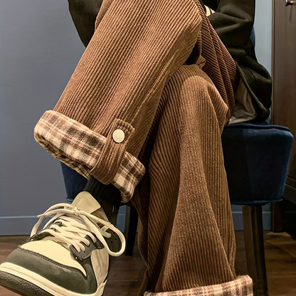Corduroy trousers with a checked cuff – Wide fit, unisex