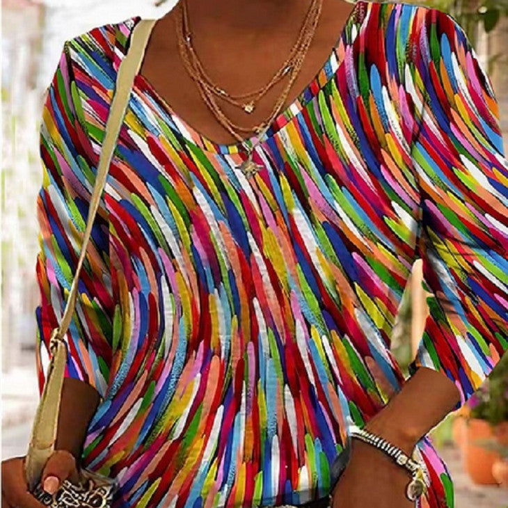 Damen Künstlerisches Retro Pullover Shirt mit Geometrischem Print – Bequemes Freizeitoberteil im Kunststil