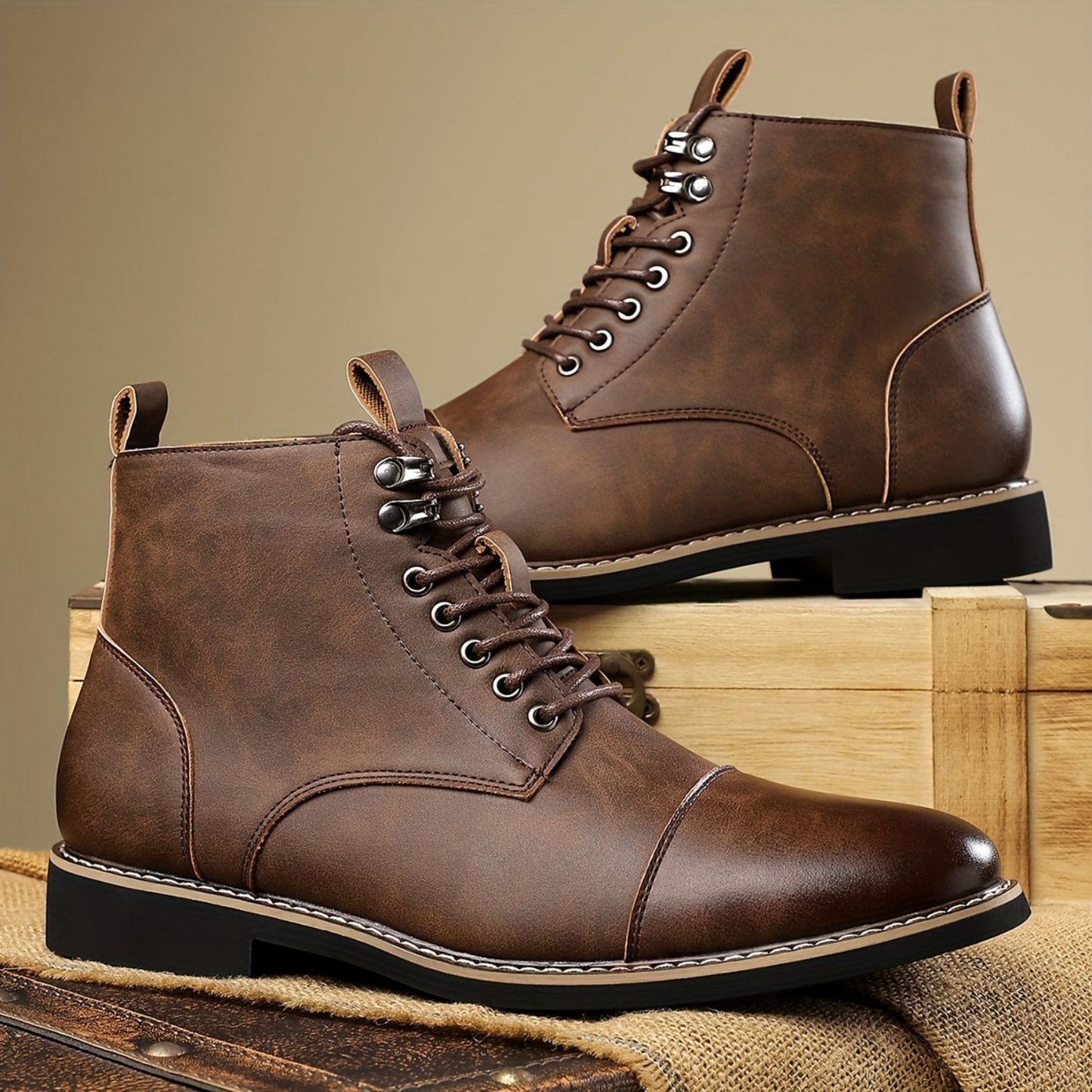 Men's brown lace-up ankle boots with cap toe and durable sole