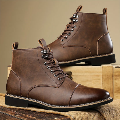 Men's brown lace-up ankle boots with cap toe and durable sole