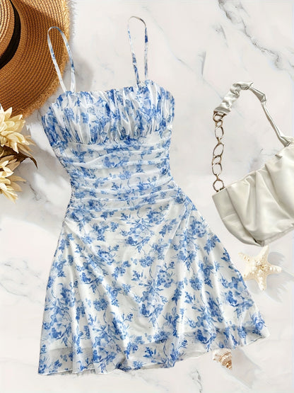 Women's Summer Dress Elegant with Floral Pattern and Spaghetti Straps – Perfect for Leisure and Vacation