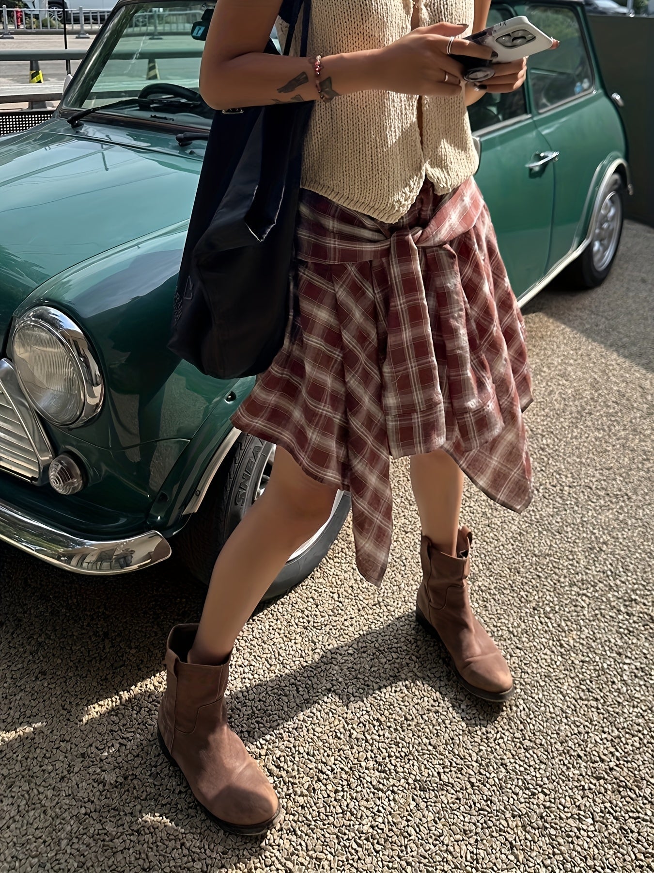 Women's Asymmetric Street-Style Skirt with Checkered Pattern and Knot Detail – Urban Casual Look