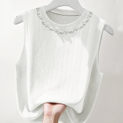 Women's sleeveless knit top with pearl embellishment – Elegant casual look for spring and summer