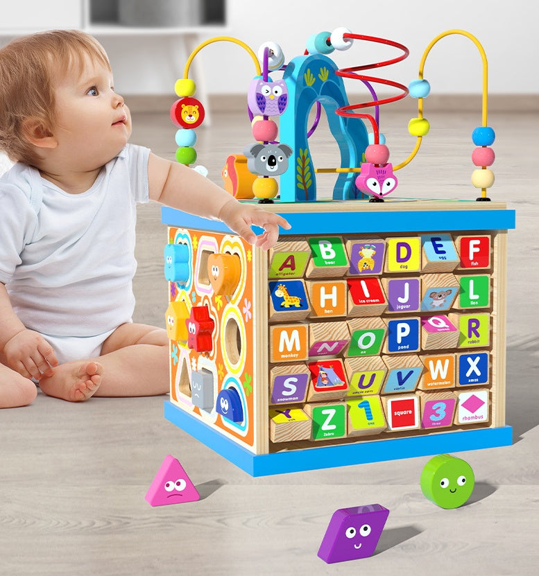 Multifunctional motor skills toy learning cube for children – alphabet, animals, shapes & numbers – educational toy
