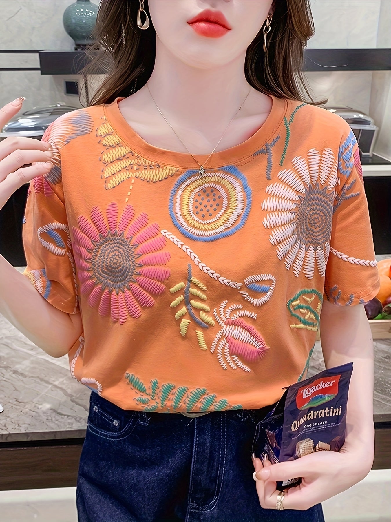 Women's Boho-Style Embroidered T-Shirt – Short Sleeve, Summer, Casual, Fashionable