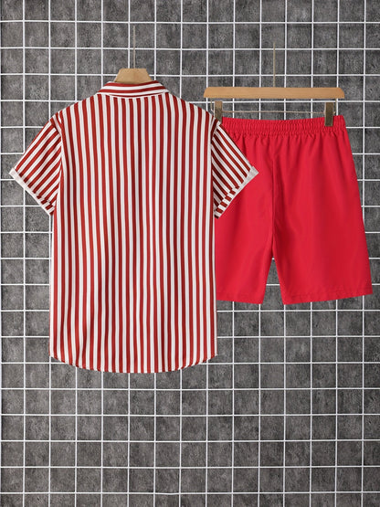 Men's Summer Set – Modern Casual Outfit with Striped Short-Sleeve Shirt and Shorts, Ideal for Vacation & Everyday Wear