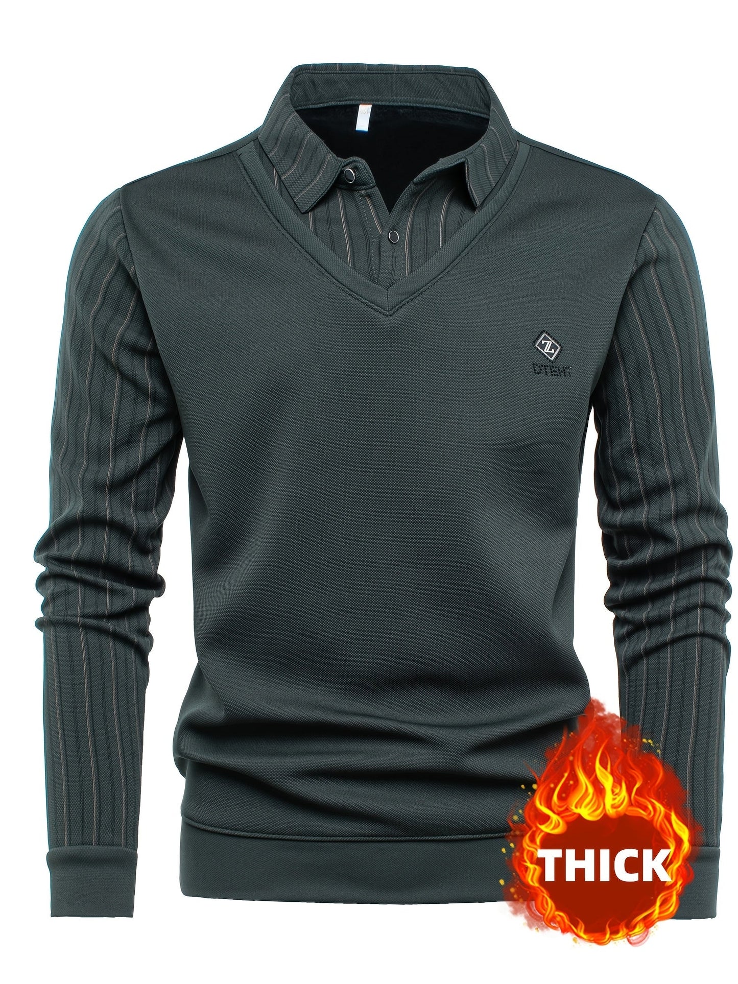 Men's long-sleeve shirt with a V-neck, sweater-style look, and striped sleeves