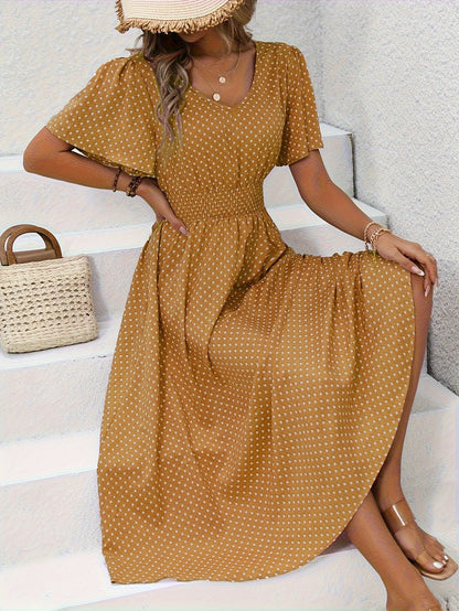 Women's Summer Polka Dot Maxi Dress with Short Sleeves and V-Neck – Casual & Vacation