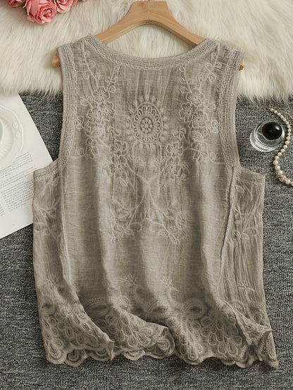 Women's Boho Embroidered Tank Top with Floral Details – Summer Casual Wear