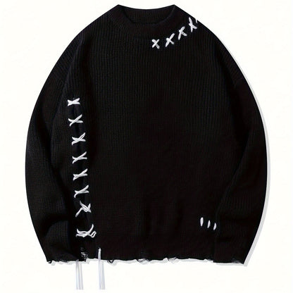 Unisex Strickpullover Schwarz mit Kreuzstich-Details und Destroyed-Effekt