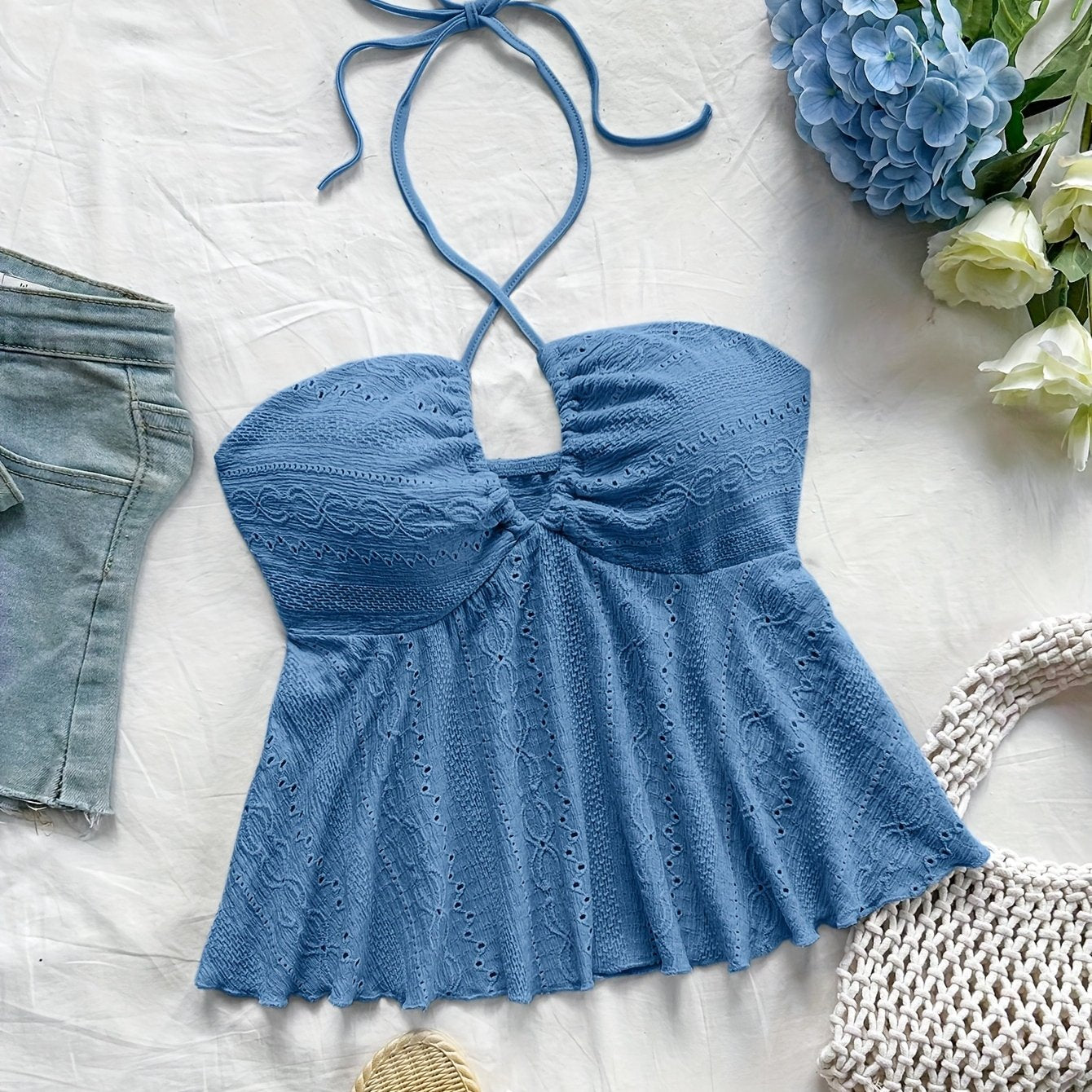 Women's Vintage Halter Babydoll Top with Embroidery – Summer Casual Top