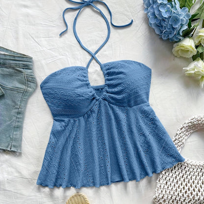 Women's Vintage Halter Babydoll Top with Embroidery – Summer Casual Top