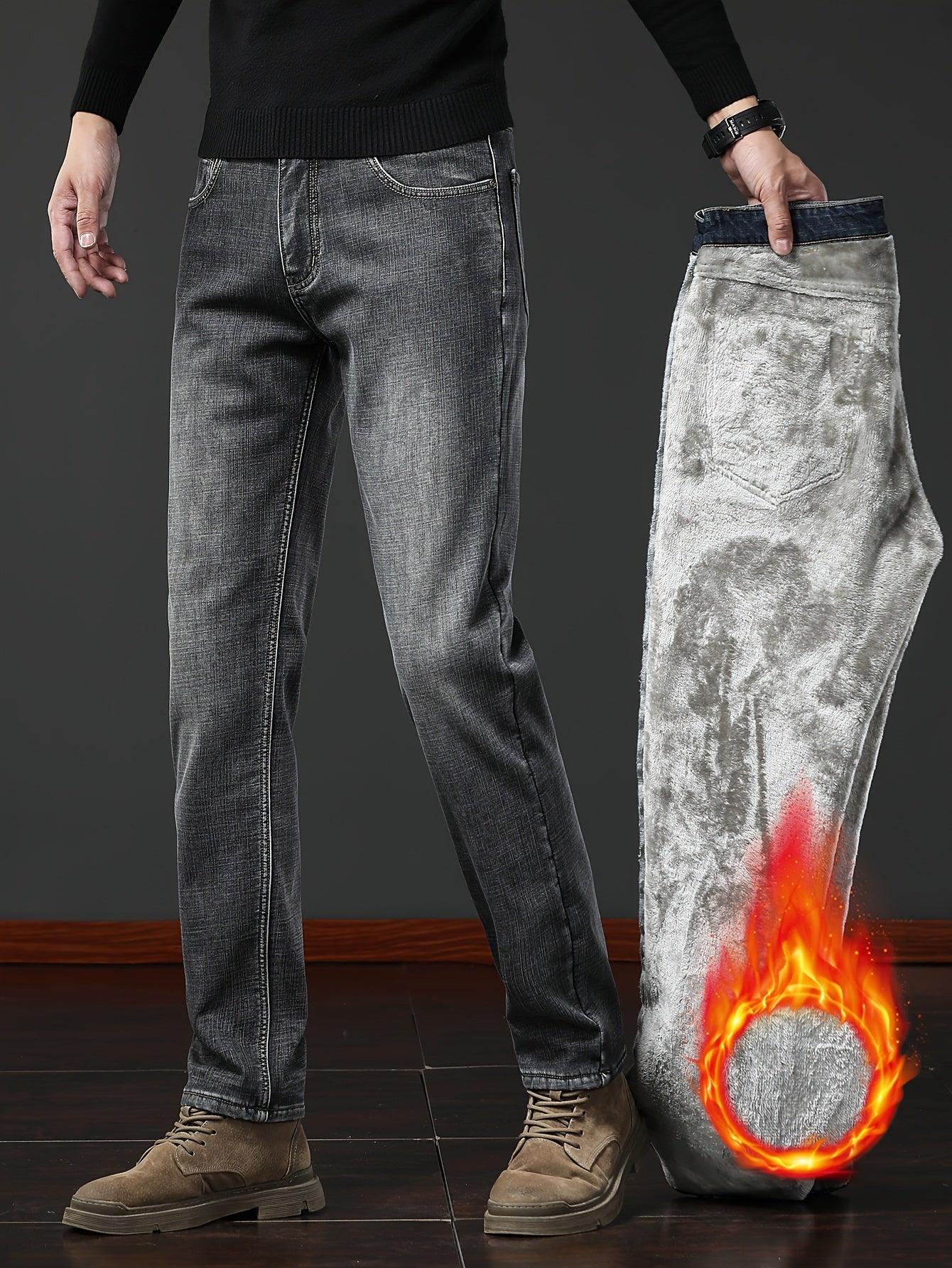 Herren Winter Jeans Thermojeans gefüttert gerade Schnitt mit Fleecefutter Blau Grau