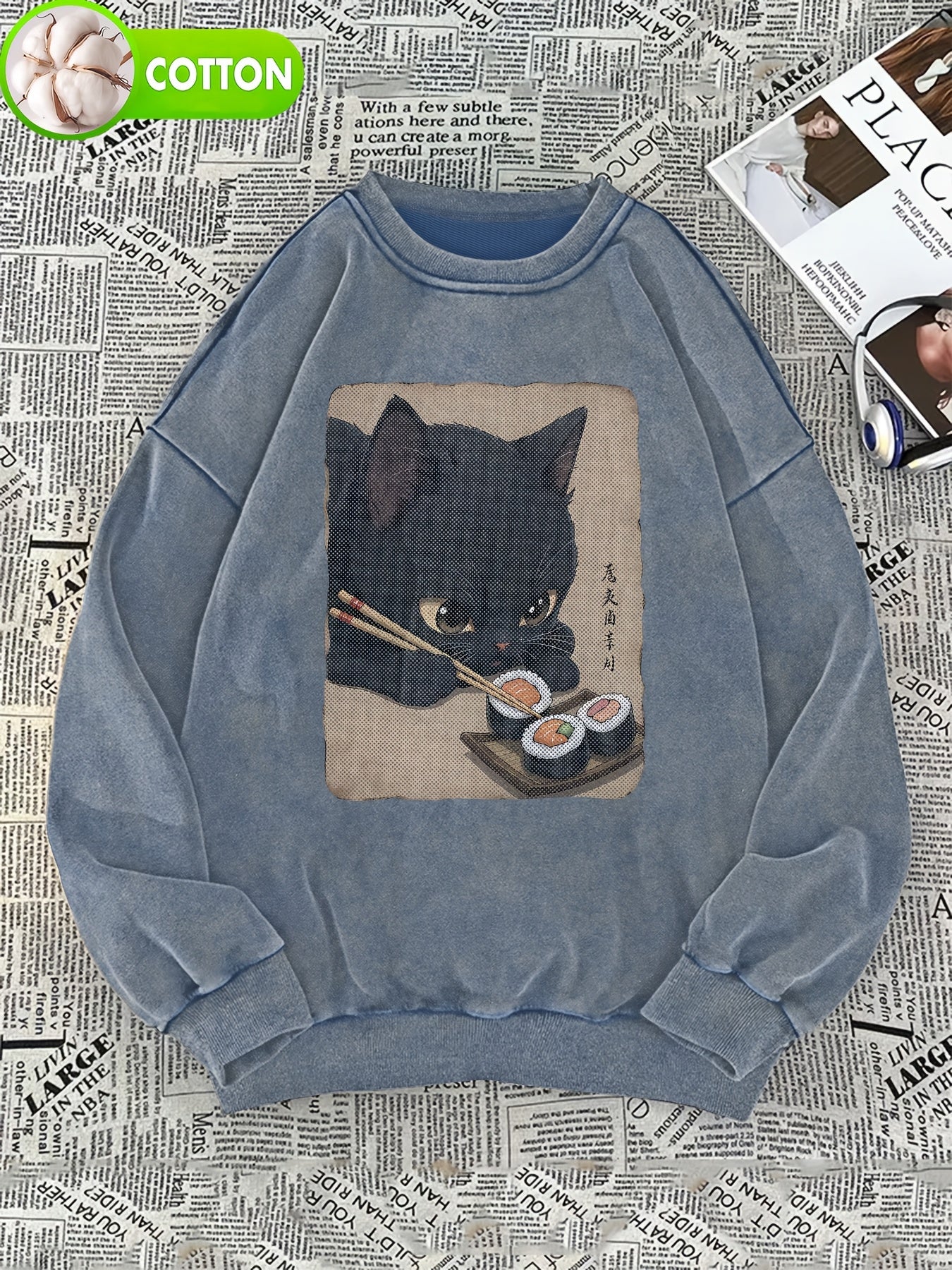 Unisex sweatshirt with cat sushi design, crew neck, long sleeves