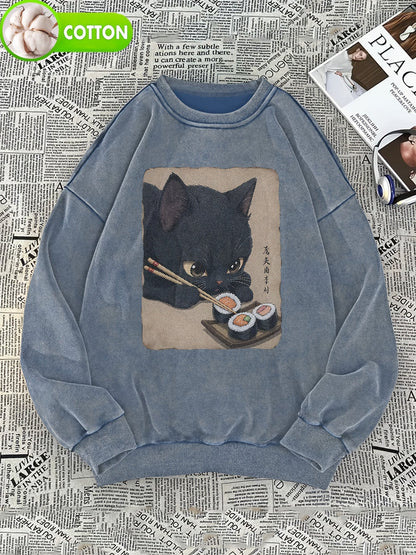 Unisex sweatshirt with cat sushi design, crew neck, long sleeves