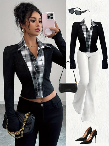 Women's black long-sleeve top with a checked blouse look