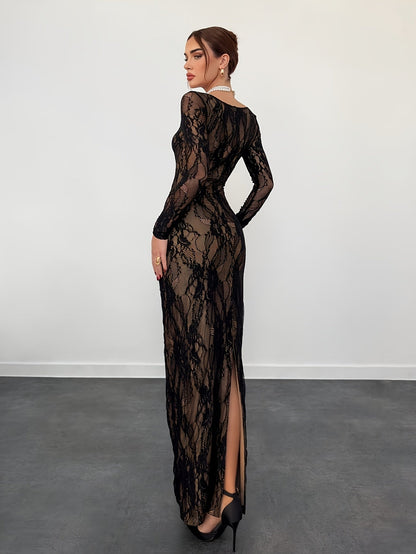 Women's Elegant Bodycon Evening Dress with Lace and Long Sleeves – Perfect for Special Occasions