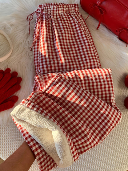Karierte Loungehose Damen Rot Weiß Bequem Gefüttert