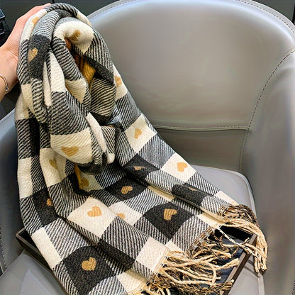 Plaid scarf with a heart pattern and fringes, brown women’s scarf