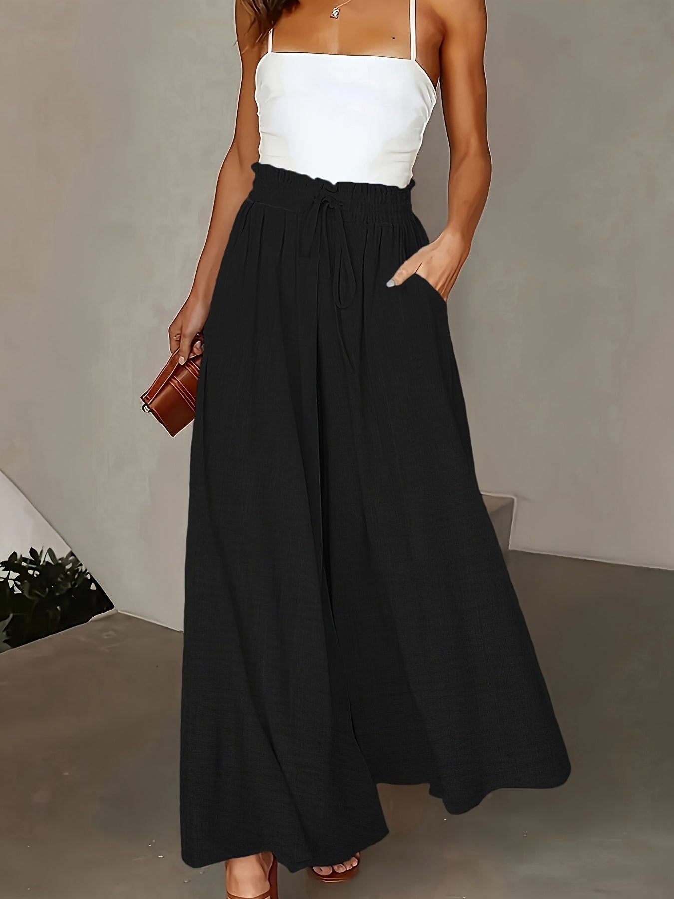 Women's Elegant Wide High Waist Palazzo Pants with Pockets – Perfect for Office & Leisure