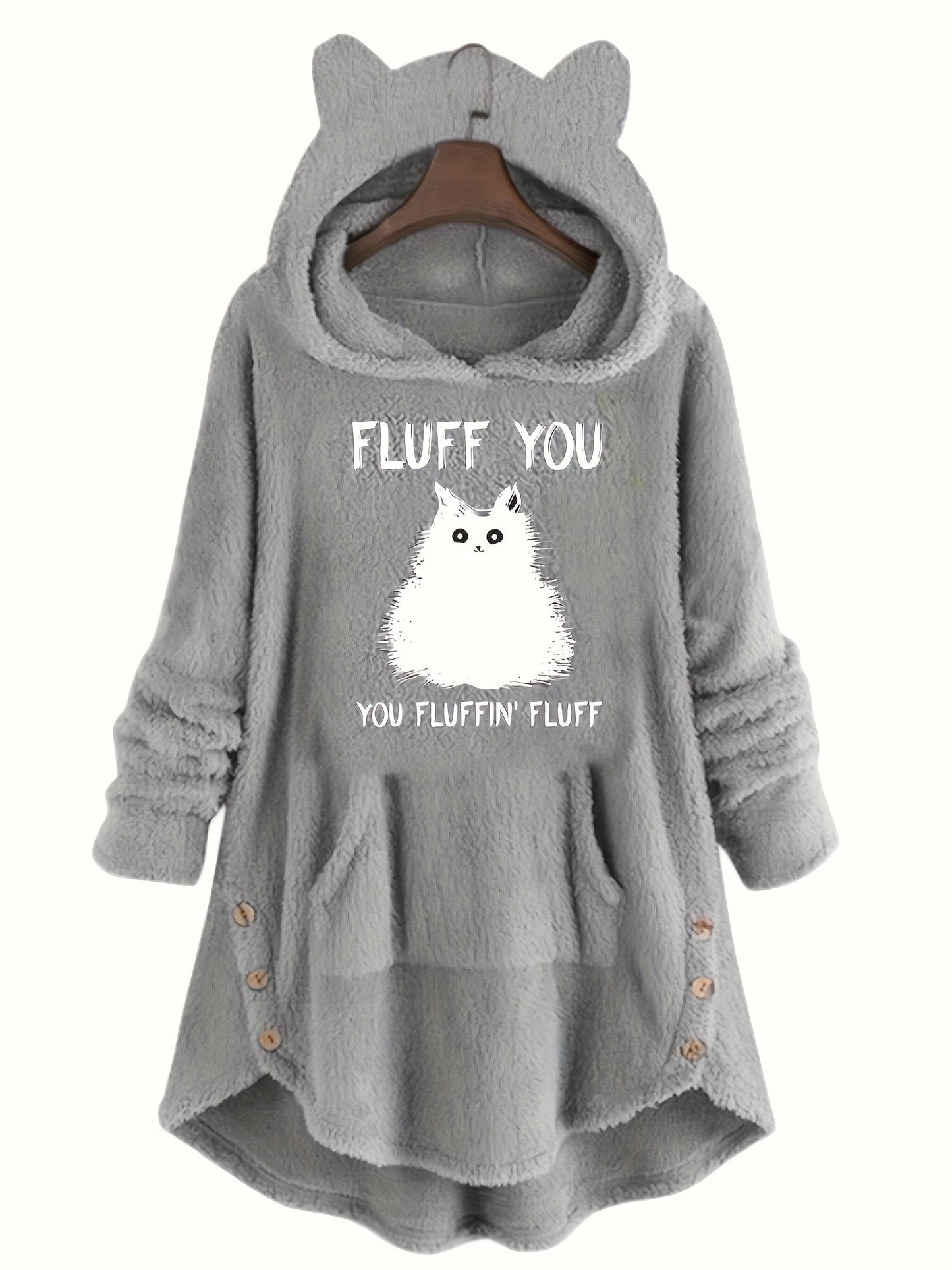 Women's plush hoodie with cat print and button placket