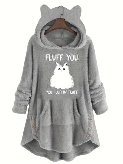 Women's plush hoodie with cat print and button placket