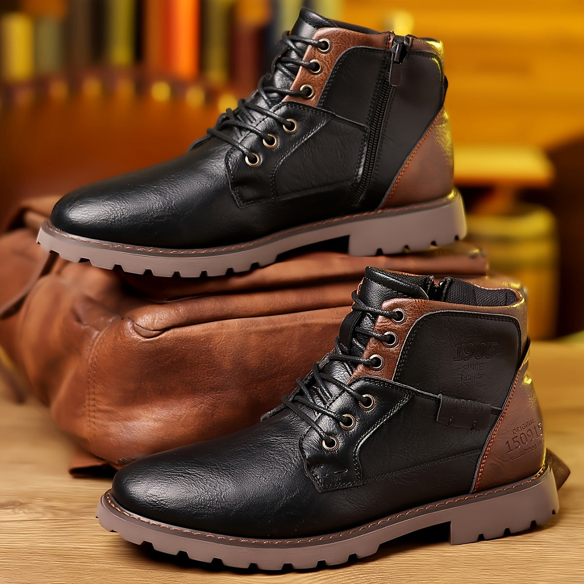 Herren Worker Boots Braun Schnürstiefeletten mit Reißverschluss & Profilsohle