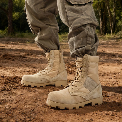 Beige men's lace-up boots with a zipper and rugged tread