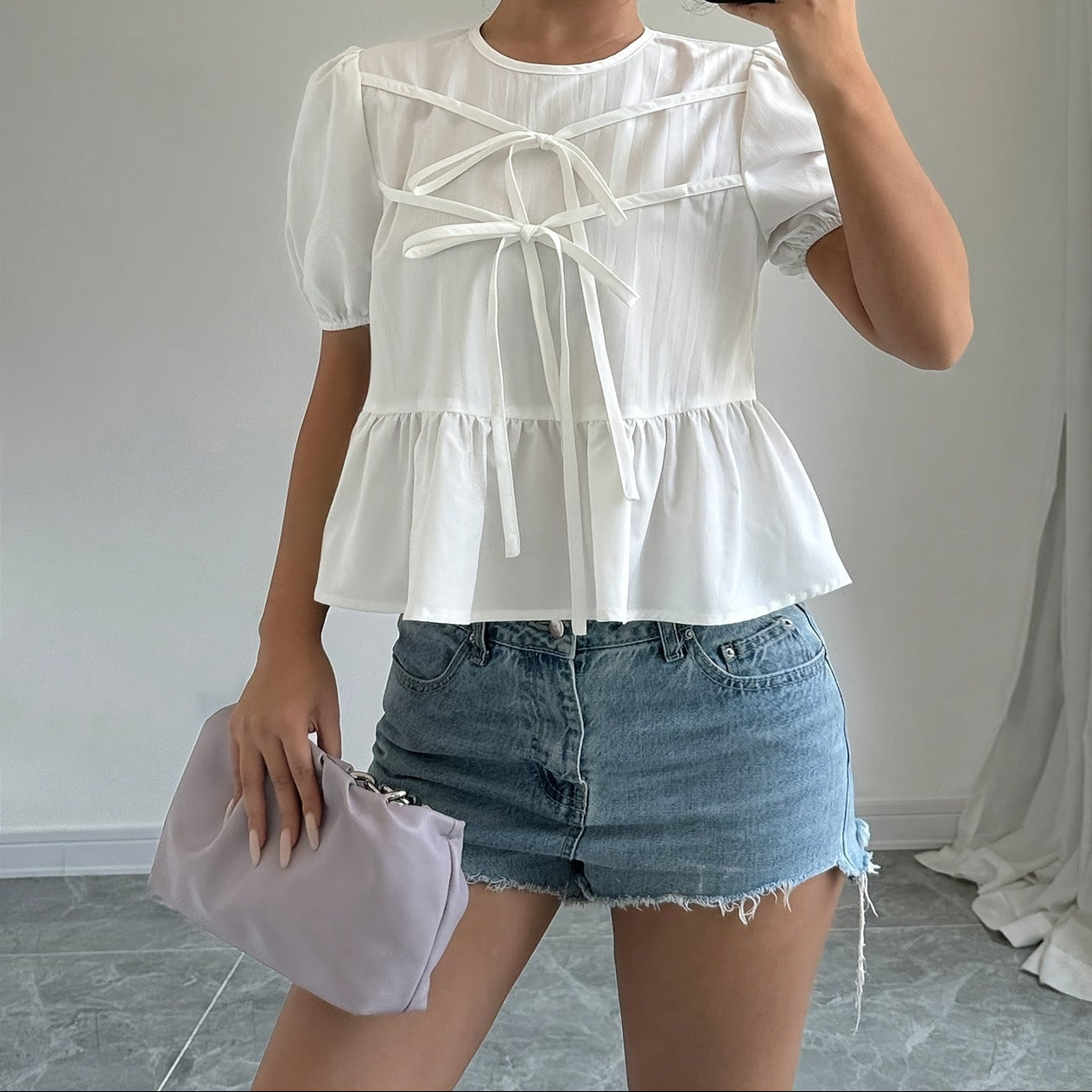 Women's Peplum Blouse with Puff Sleeves and Bows – Romantic Vintage Look for Leisure & Everyday Wear