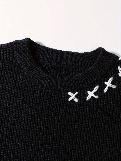 Unisex Strickpullover Schwarz mit Kreuzstich-Details und Destroyed-Effekt