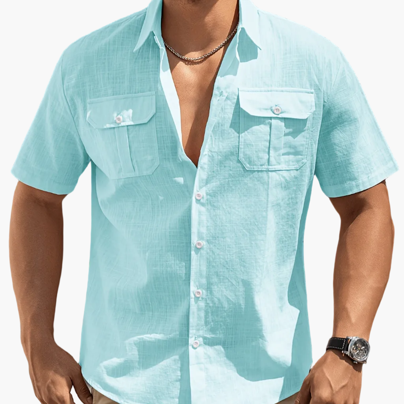 Men's Casual Short-Sleeve Shirt with Chest Pockets – Summer Regular Fit for Casual Occasions