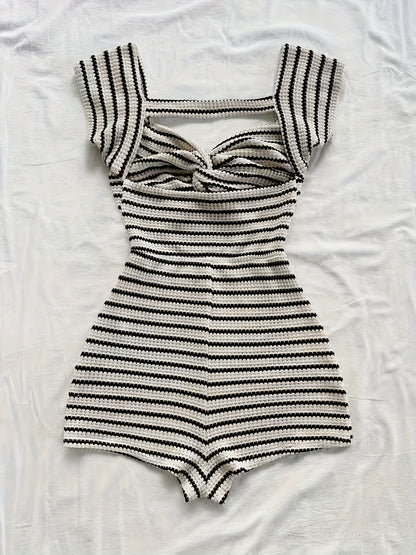 Women's One-Piece Knit Jumpsuit with Stripes and Twist Front – Fashionable Summer Jumpsuit