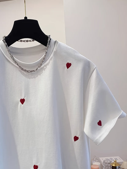Women's T-Shirt with Embroidery and Heart Pattern – Casual Style, Spring/Summer
